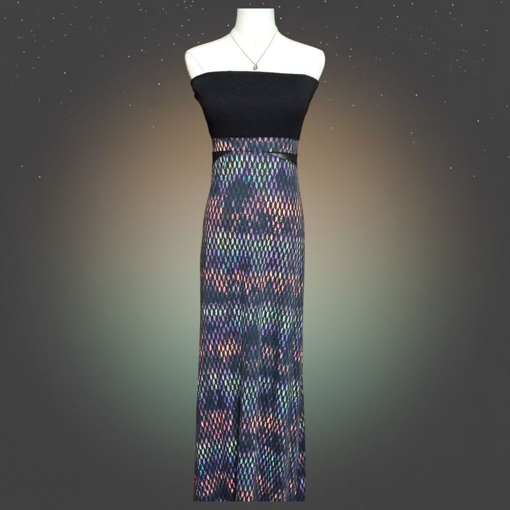 Hurley Womens Strapless Maxi Dress Small Black Multi Color Mesh Cutout Geometric
